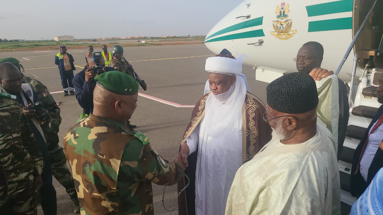 ECOWAS Envoy General Abdulsalami Abubakar (Rtd) and Sultan Muhammad Saad Abubakar III arrive in Niamey, Niger, for talks with coup leaders