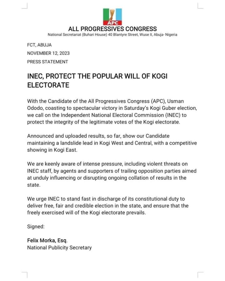Kogi guber: APC urges INEC to uphold people’s will
